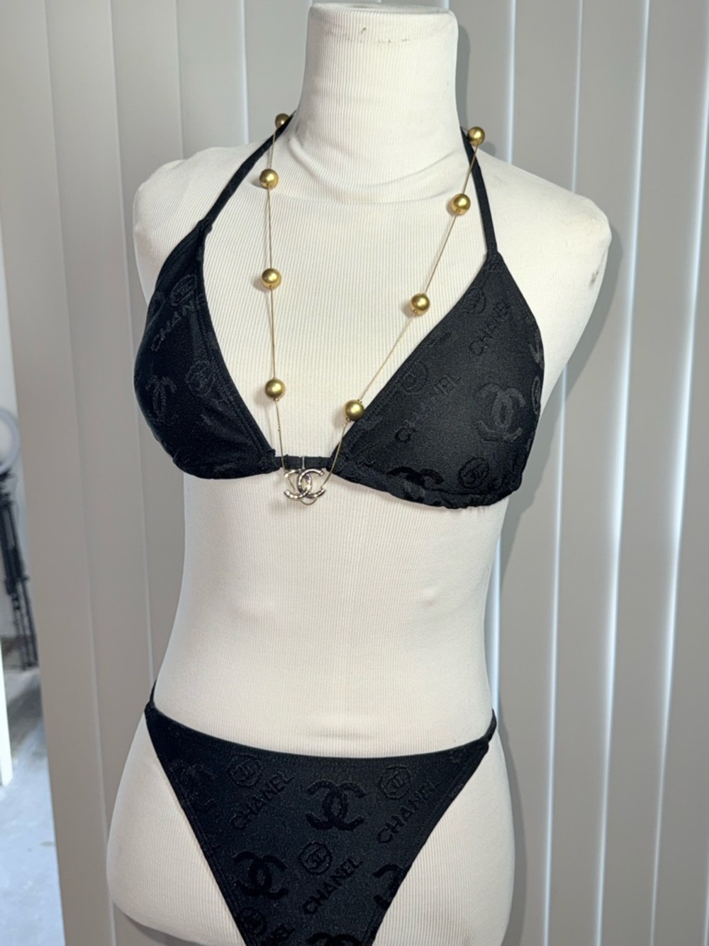 CHANEL Black Logo Jacquard Triangle Bikini